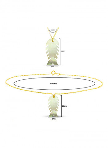 18 Karat Gold Fishbone Shape Mother Of Pearl Pendant And Chain Bracelet Set