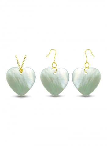 18 Karat Gold Heart Shape Mother Of Pearl Pendant Necklace And Earrings Set