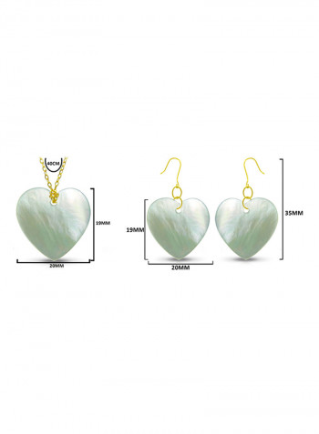 18 Karat Gold Heart Shape Mother Of Pearl Pendant Necklace And Earrings Set