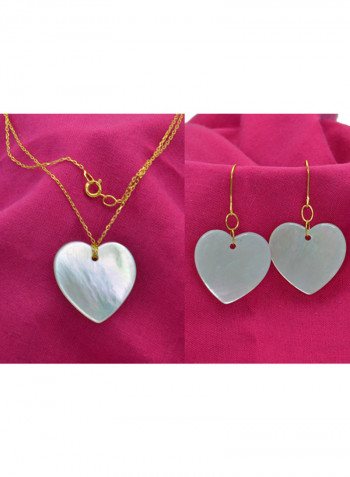 18 Karat Gold Heart Shape Mother Of Pearl Pendant Necklace And Earrings Set