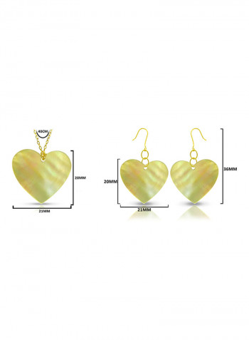 18 Karat Gold Heart Shape Mother Of Pearl Pendant Necklace And Earrings Set