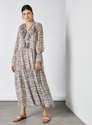 Saladeta Ruffled Printed Dress Ecru