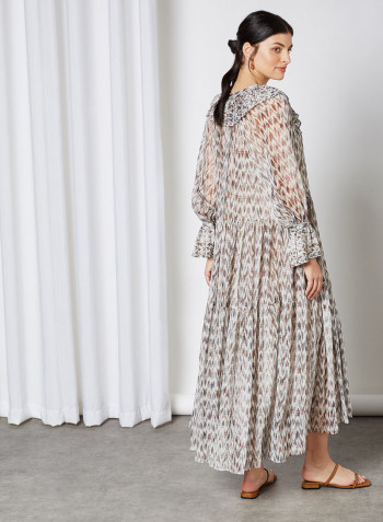 Saladeta Ruffled Printed Dress Ecru