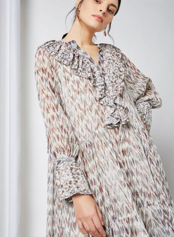 Saladeta Ruffled Printed Dress Ecru