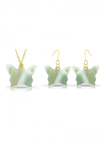 18 Karat Gold Butterfly Shape Mother Of Pearl Pendant Necklace And Earrings Set
