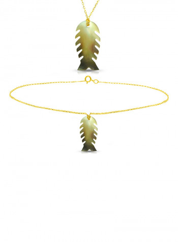 18 Karat Gold Fishbone Shape Mother Of Pearl Pendant Necklace And Chain Bracelet Set