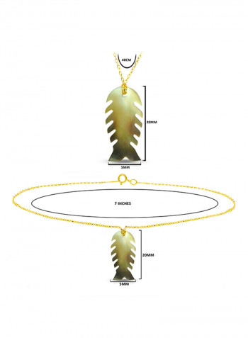 18 Karat Gold Fishbone Shape Mother Of Pearl Pendant Necklace And Chain Bracelet Set