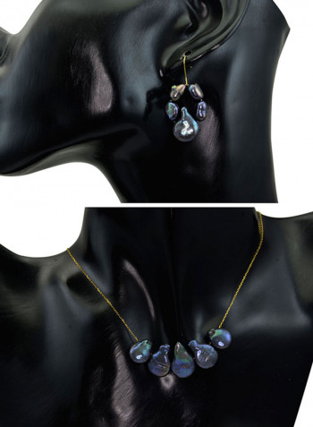 18 Karat Gold Drop Shape Mother Of Pearl Chain Necklace And Earrings Set