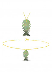 18 Karat Gold Fishbone Shape Mother Of Pearl Pendant Necklace And Chain Bracelet Set
