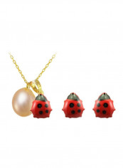 Set of 2 18 Karat Gold Pearl And Beetle Necklace And Earrings