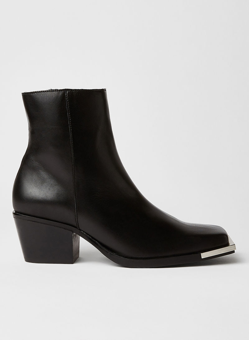 Squared Toe Leather Ankle Boots Black