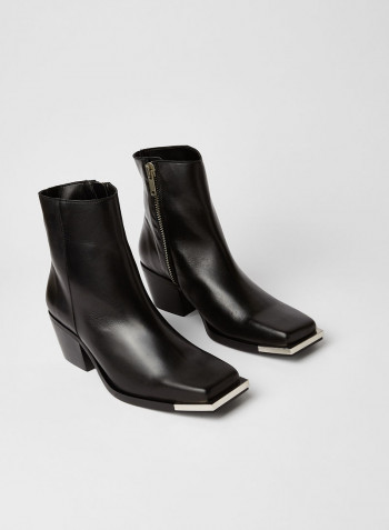 Squared Toe Leather Ankle Boots Black