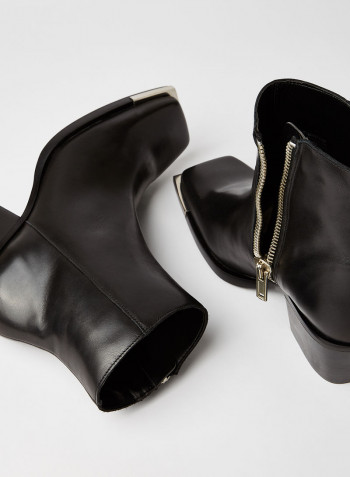 Squared Toe Leather Ankle Boots Black