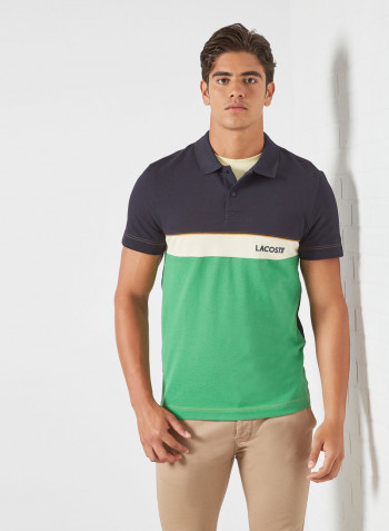 Colourblock Cotton Piqué Polo Navy Blue/Green/Beige