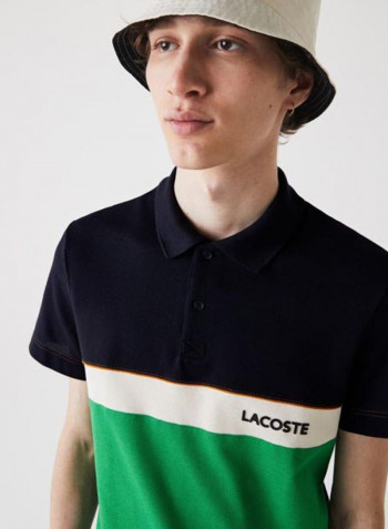 Colourblock Cotton Piqué Polo Navy Blue/Green/Beige