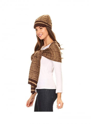 Striped Knitted Hat And Scarf Set Heather Brown