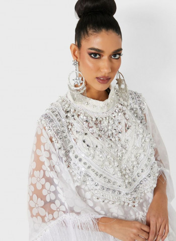 Faux Pearls And Stones Embellished Kaftan White