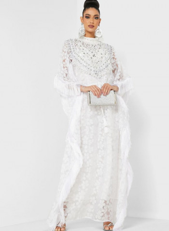 Faux Pearls And Stones Embellished Kaftan White