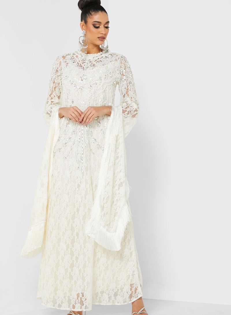 Pearl And Stones Embellished Kaftan White
