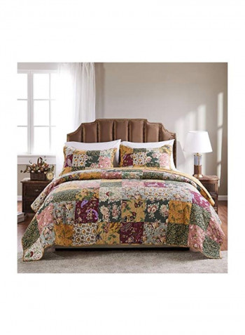 3-Piece Cotton Quilt Set Green/Beige/Pink