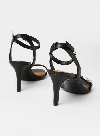 Monogram Leather Ankle Strap Sandals Black