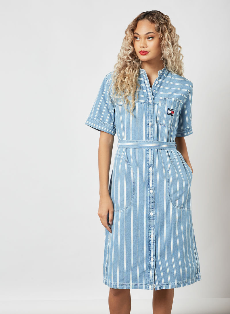 Stripe Denim Shirt Dress Blue