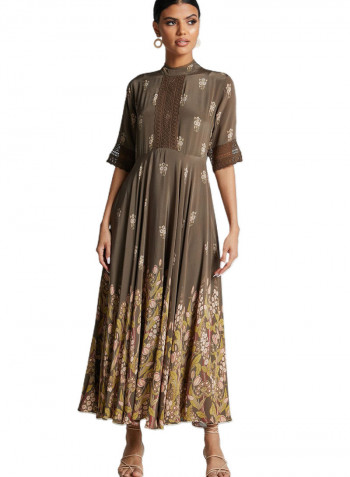 Floral Printed High Neck Long Dress Grey