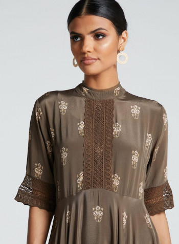 Floral Printed High Neck Long Dress Grey