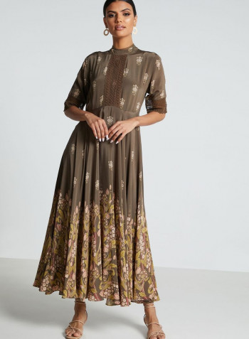 Floral Printed High Neck Long Dress Grey