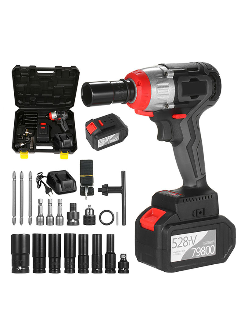 Cordless Impact Wrench 980Nm Torque Brushless Motor 1/2 and 1/4 Inch Quick Chuck 2x6.0A with Fast Charger Variable Speed Multifunction Impact Kit with Key Type Drill Chuck and 17 Accessories Black 40.0x31.0x10.0cm