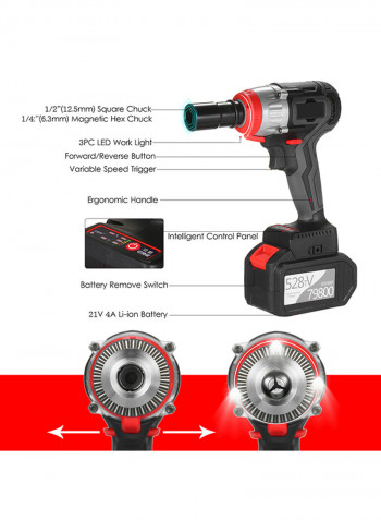 Cordless Impact Wrench 980Nm Torque Brushless Motor 1/2 and 1/4 Inch Quick Chuck 2x6.0A with Fast Charger Variable Speed Multifunction Impact Kit with Key Type Drill Chuck and 17 Accessories Black 40.0x31.0x10.0cm