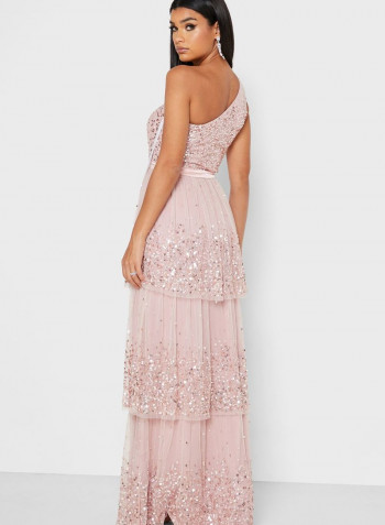 Sequin One Shoulder Dress Pink