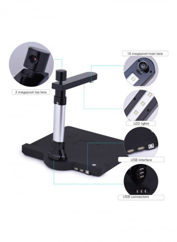 Adjustable HD High Speed USB Book Image Document Camera Scanner Dual Lens أسود/فضي