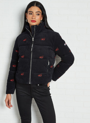 Corduroy Relaxed Fit Puffer Jacket Black