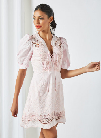 Puff Sleeve Lace Mini Dress Pink