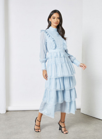High Neck Ruffle Detail Dress Blue