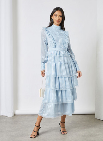 High Neck Ruffle Detail Dress Blue