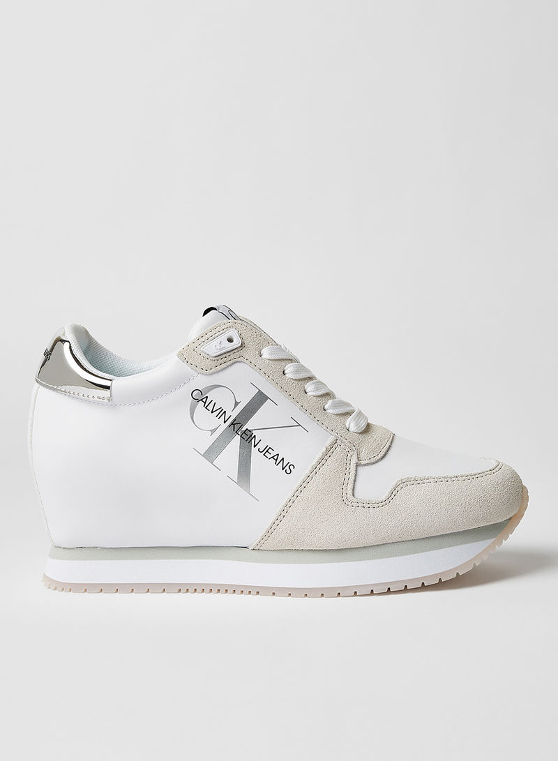 Leather Wedge Sneakers White