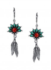 925 Sterling Silver Turquoise And Coral Studded Leaf Dangle Earrings
