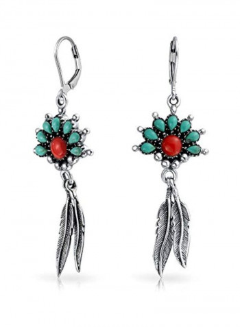 925 Sterling Silver Turquoise And Coral Studded Leaf Dangle Earrings