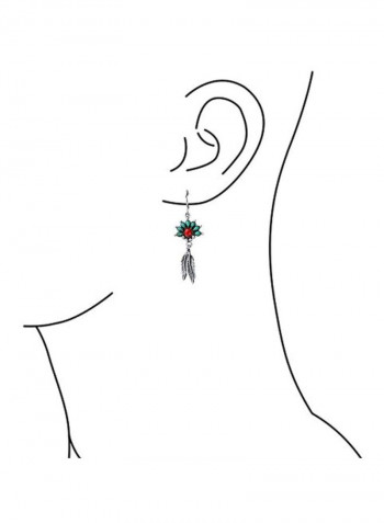 925 Sterling Silver Turquoise And Coral Studded Leaf Dangle Earrings