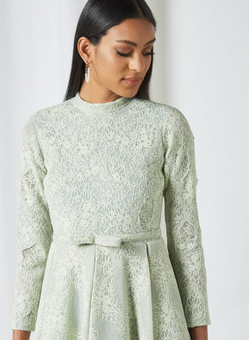 Lace Applique Bonded Mesh Dress Green