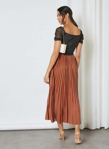 Lurex Pleated Skirt Dress Brown
