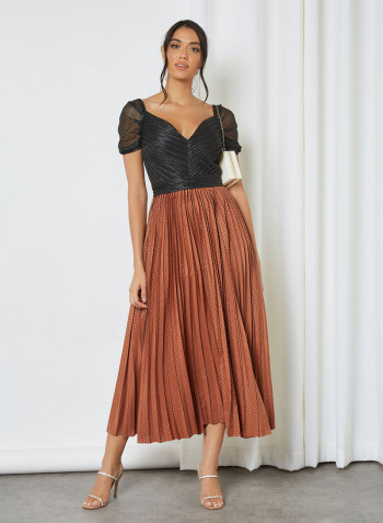 Lurex Pleated Skirt Dress Brown