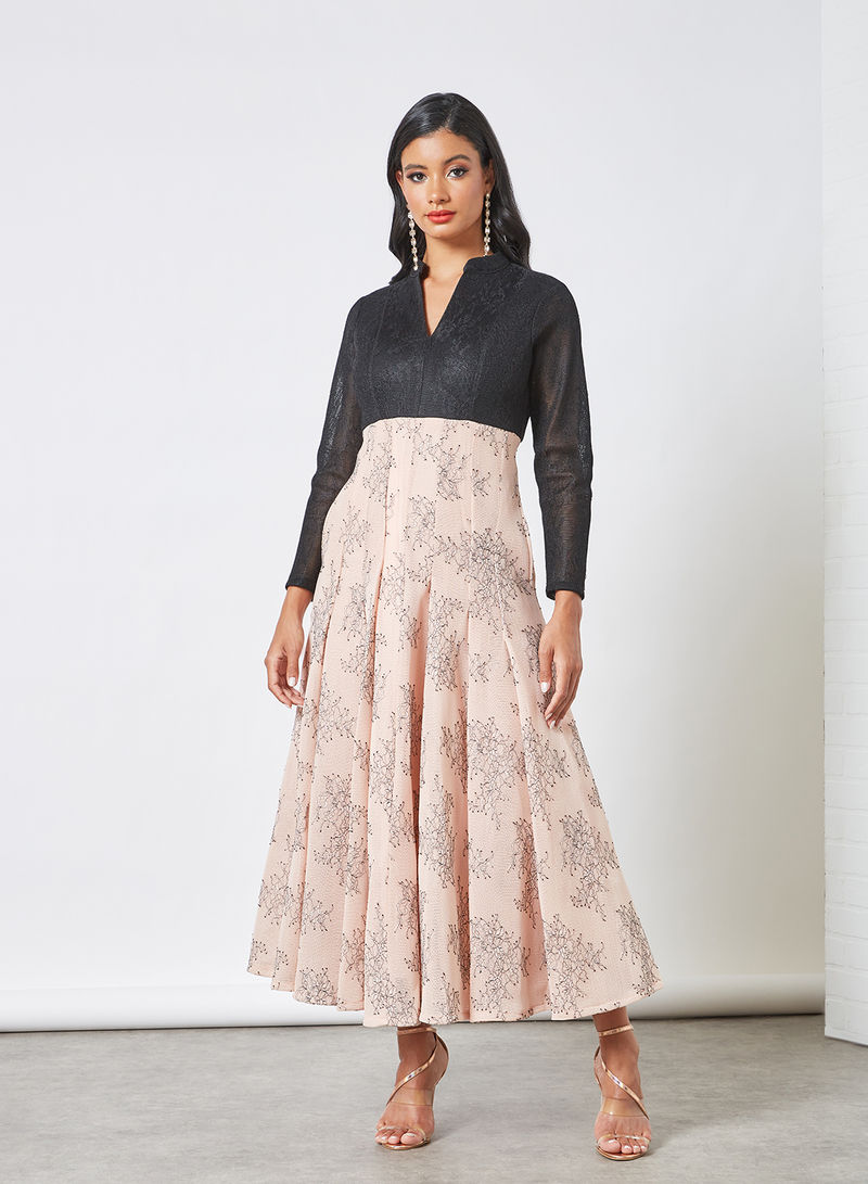 Lace Applique Bonded Mesh Dress Pink/Black