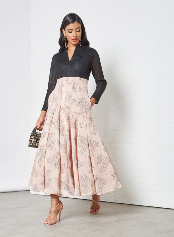 Lace Applique Bonded Mesh Dress Pink/Black