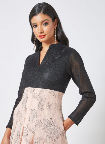 Lace Applique Bonded Mesh Dress Pink/Black