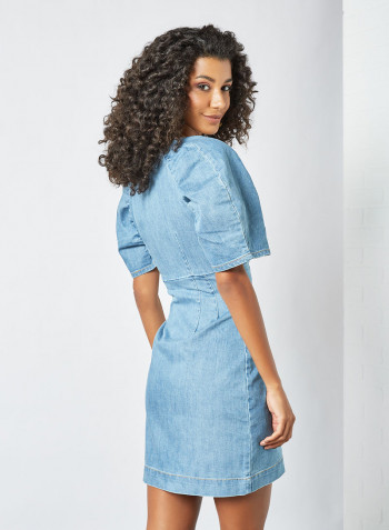 Knotted Front Denim Dress Blue