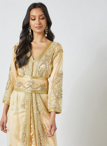 Stylish V-Neck Moroccan Kaftan Gold