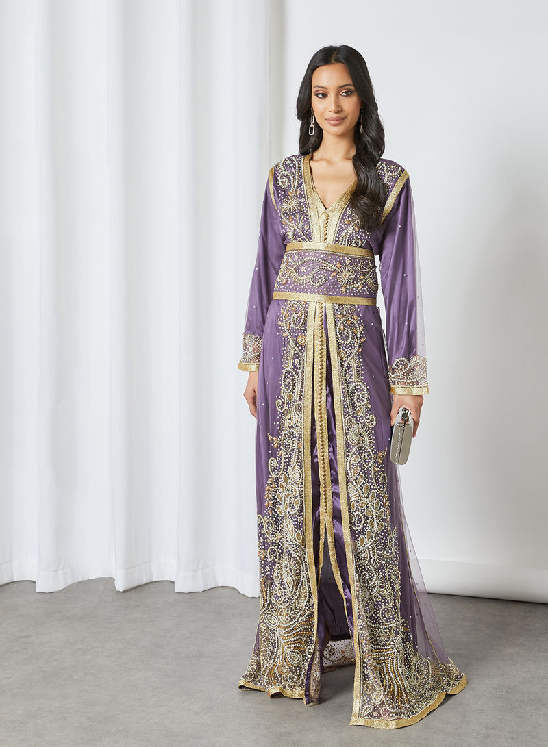 Stylish V-Neck Moroccan Kaftan Purple
